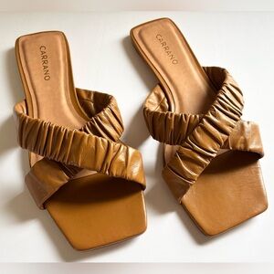 Carrano Tan Ruched Leather Square Toe Sandals‎